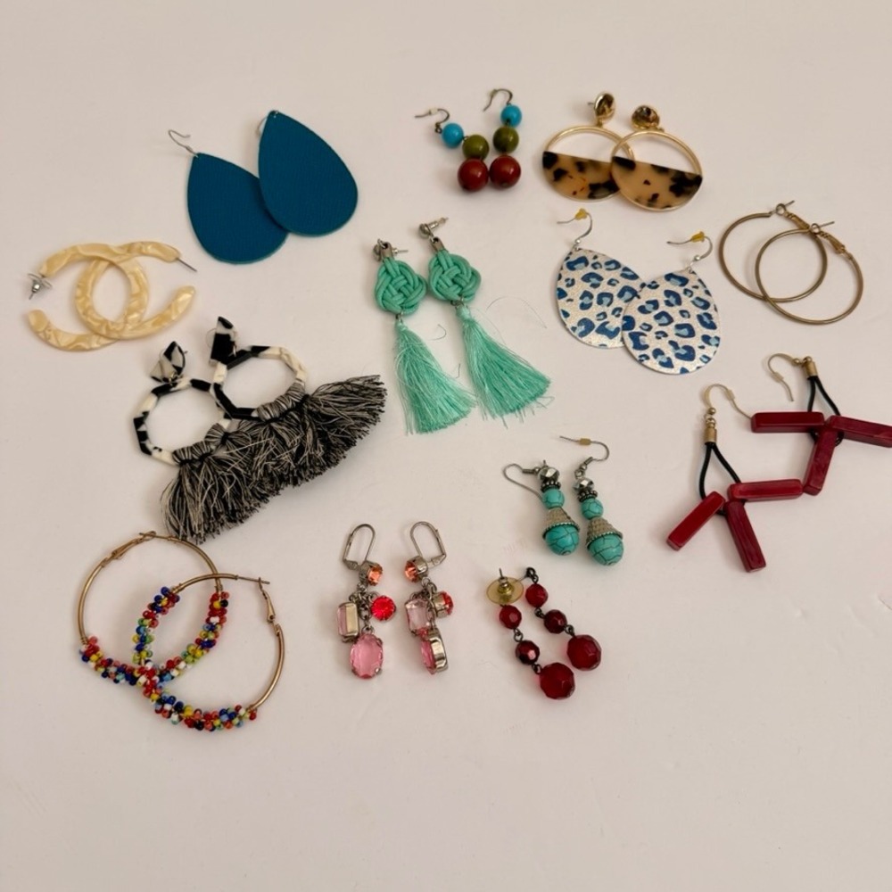 Womens Fashion Earring Lot 13 Pairs Tassel Beaded Hoop Dangle Statement Set